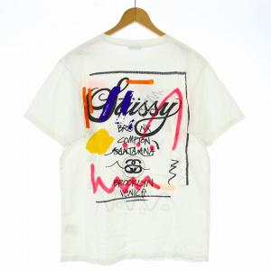 STUSSY Tシャツ カットソー 半袖 クルーネック ロゴ プリント ペイント加工 コットン S 白 ホワイト
