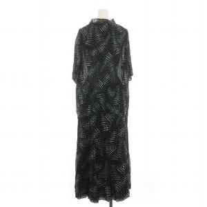 Leilian セットアップ 上下 カットソー 半袖 ハイネック フレアスカート ロング マキシ プリーツ 総柄 大きいサイズ 13+ 黒