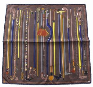 カレ 40 Les cannes スカーフ  ステッキ シルク100％ ブラウン