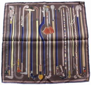 HERMES カレ 40 Les cannes スカーフ  ステッキ シルク100％ ブラウン