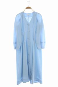 20SS ノーカラーシャツワンピース ロング 長袖 フロントボタン CWF020140 水色 ライトブルー