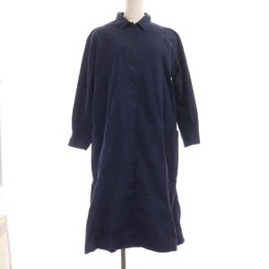シャツワンピース ひざ丈 長袖 コットン 2 M 紺 ネイビー