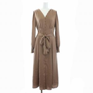 21AW ヴィンテージサテンワンピース ミモレ丈 ロング 長袖 38 M 茶 ブラウン
