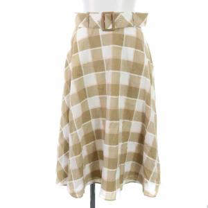 フレアスカート ミモレ ロング コットン チェック ベルト 36 S ベージュ 白 ホワイト