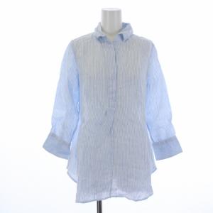 LIBECO シャツ ブラウス 七分袖 スキッパー ストライプ リネン 38 M 水色