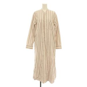 ワンピース ロング ストライプ シャツワンピ 長袖 バンドカラー スリット 36 S アイボリー 赤 レッド