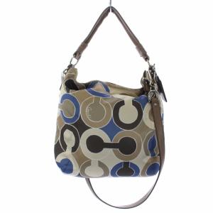 COACH オプアート ホーボー ショルダーバッグ 2way 総柄 ナイロン ベージュ ブルー 16494