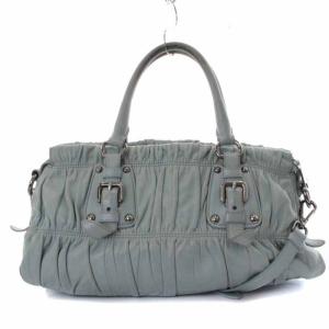 PRADA ギャザー 2way ハンドバッグ ショルダーバッグ レザー ライトブルー