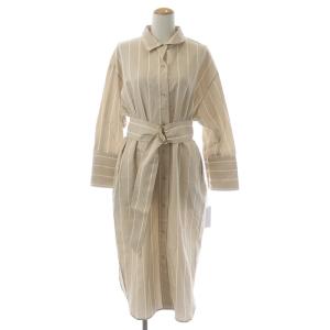 ストライプルーズシャツワンピース ロング 長袖 ベルト 36 S ベージュ 白 ホワイト 38131181