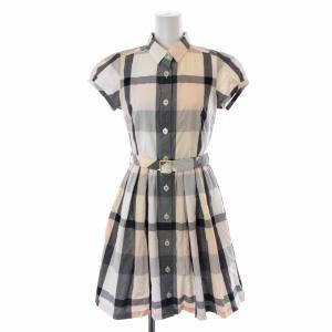 シャツワンピース フレア ひざ丈 半袖 チェック ベルト 36 ベージュ グレー