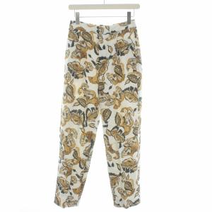 テーパードパンツ ジップフライ 花柄 麻 リネン 38 M 白 ホワイト 茶 ブラウン