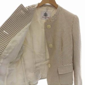 OLD ENGLAND スーツ セットアップ 上下 千鳥格子 ジャケット タック スカート ひざ丈 36 S ベージュ 白
