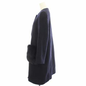 ANAYI 17AW ノーカラーコート フォックスファー ウール カシミヤ混 ミドル 36 ネイビー