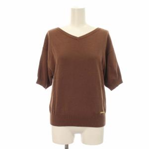 ニット カットソー プルオーバー バックリボン チェック 半袖 38 M 茶 ブラウン