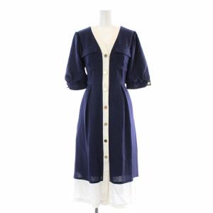 20SS リネンタッチバイカラーワンピース ひざ丈 ペチコート付き ベルトリボン 36 ネイビー