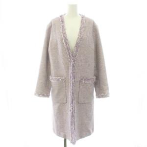 ノーカラーコート フリンジ ツイード ストライプ ロング 36 S 紫 パープル 白 ホワイト