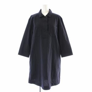シャツワンピース ミニ フレア ウール 長袖 ハーフボタン 2 M 紺 ネイビー