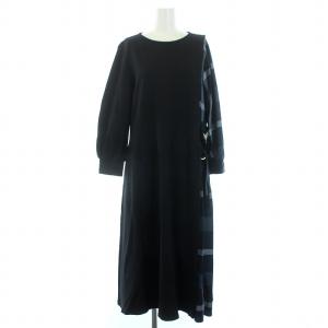 ワンピース ロング 長袖 チェック 切替 36 ブラック グリーン