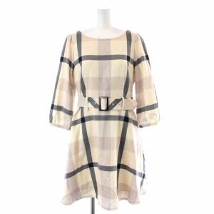 ワンピース ひざ丈 フレア 七分袖 チェック ベルト ウール 40 L アイボリー 黒 ブラック ベージュ