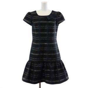 ワンピース フレアワンピース ボートネック ジップアップ ひざ丈 半袖 チェック リボン 38 M 紺 ネイビー 白 ホワイト