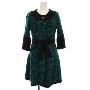 ニットコート ロング 総柄 ノーカラー 七分袖 ウール 36 S 緑 グリーン 黒 ブラック