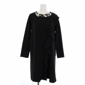 フォーマルワンピース ひざ丈 長袖 花モチーフ ビジュー装飾 フリル 1 S 黒 ブラック 11W503