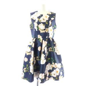 ワンピース ひざ丈 フレア ノースリーブ 花柄 総柄 1 S 紺 ネイビー マルチカラー