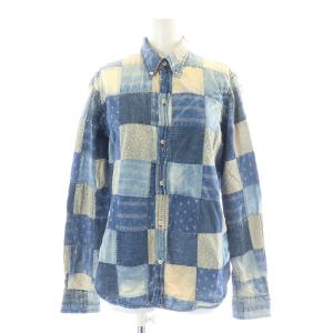 ボタンダウンシャツ 長袖 パッチワーク 総柄 ウォッシュ加工 11 L 青 ブルー ベージュ
