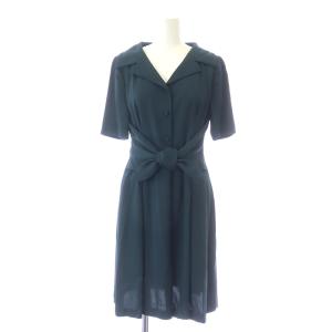 シャツワンピース ひざ丈 フレア リボン 半袖 スキッパー 40 M 緑 グリーン