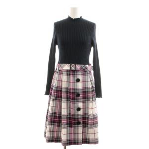 ワンピース リブニット 長袖 ひざ丈 フレア チェック ハイネック ベルト 38 M 紺 ネイビー 紫 パープル 白 ホワイト