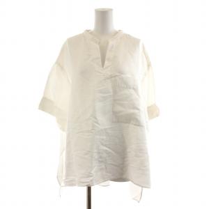 コンフォート麻ブラウス シャツ 半袖 スリットネック リネン 38 M 白 ホワイト 531-0110556