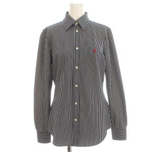 ブラウス シャツ 長袖 ストライプ ニットシャツ S ネイビー 紺