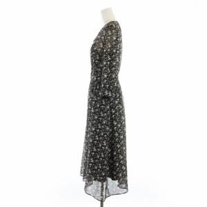 ANAYI 19SS シルエットフラワープリントVネックワンピース シャツワンピース フレア ミモレ ロング 七分袖 花柄 36 S 黒