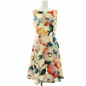 ワンピース ノースリーブ 花柄 フラワープリント 絹 シルク ひざ丈 Aライン 36 S 白 ホワイト 赤 レッド 紺 ネイビー