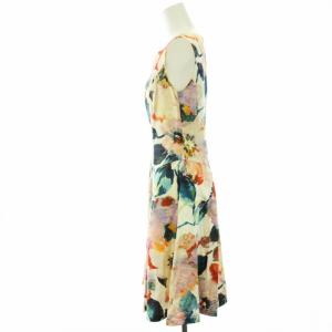 ANAYI ワンピース ノースリーブ 花柄 フラワープリント 絹 シルク ひざ丈 Aライン 36 S 白 ホワイト 赤 レッド 紺 ネイビー