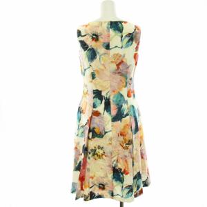 ANAYI ワンピース ノースリーブ 花柄 フラワープリント 絹 シルク ひざ丈 Aライン 36 S 白 ホワイト 赤 レッド 紺 ネイビー