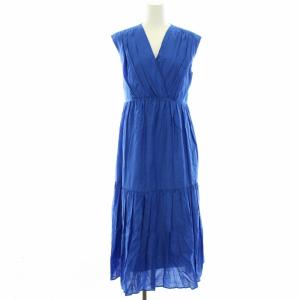 カシュクールワンピース ロング マキシ ノースリーブ ギャザー 麻 リネン混 36 S 青 ブルー