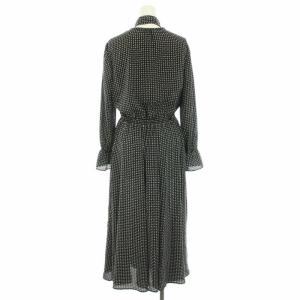 ANAYI 21SS モノトーンプリントフレアワンピース ロング 長袖 総柄 ボウタイ 36 S 黒 ブラック 白 ホワイト