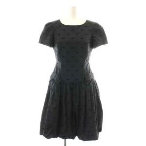 ワンピース ひざ丈 フレア 半袖 リボン 総柄 ベロア ギャザー 38 M 黒 ブラック