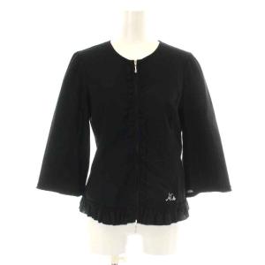 カーディガン ジップアップ クルーネック 七分袖 フリル ストレッチ ラインストーン 38 M 黒 ブラック