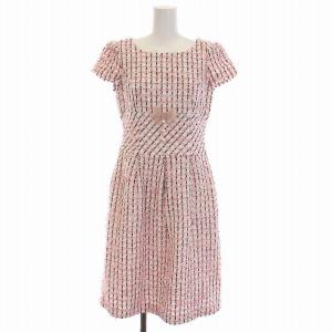 ワンピース ひざ丈 ツイード リボン パール装飾 半袖 36 S ピンク 白 ホワイト