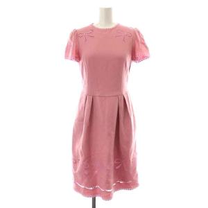 ワンピース ひざ丈 フレア 半袖 リボン レース タック ウール 36 S ピンク