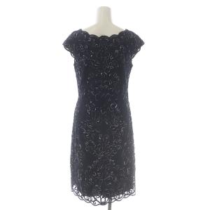 ANAYI 18SS ワンピース ひざ丈 ノースリーブ ボートネック レース 総柄 38 M 紺 ネイビー 白 ホワイト