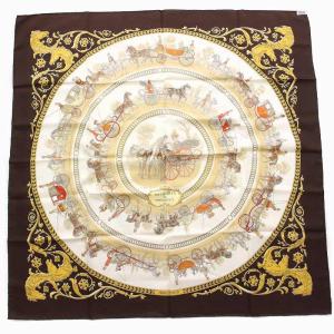 HERMES スカーフ カレ90 LA PROMENADE DE LONGCHAMPS ロンシャンへの散歩 シルク 茶 ブラウン ベージュ