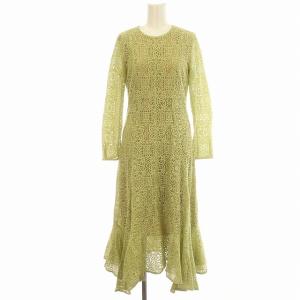 ラッセルレース ワンピース 総レース 長袖 ロング 36 S 黄緑 ライトグリーン