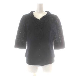 Harrods セットアップ 上下 ブラウス フリル 七分袖 インナー付き フレアスカート ひざ丈 総柄 2 M 紺 ネイビー