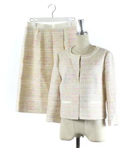 セットアップ 上下 スーツ フォーマル ジャケット 七分袖 スカート 膝丈 ツイード 白 ピンク 2