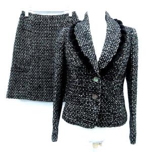 セットアップ 上下 フォーマル ジャケット ショールカラー ツイード スカート フレア 膝丈 ミンクファー 黒 グレー 2