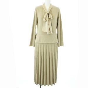 20AW ボウタイシフォンニットワンピース ロング 長袖 プリーツ ペプラム 38 M ベージュ