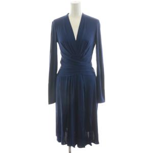 ワンピース ミモレ ロング 長袖 カシュクール リボン シルク 絹 US2 紺 ネイビー 14-04-00446